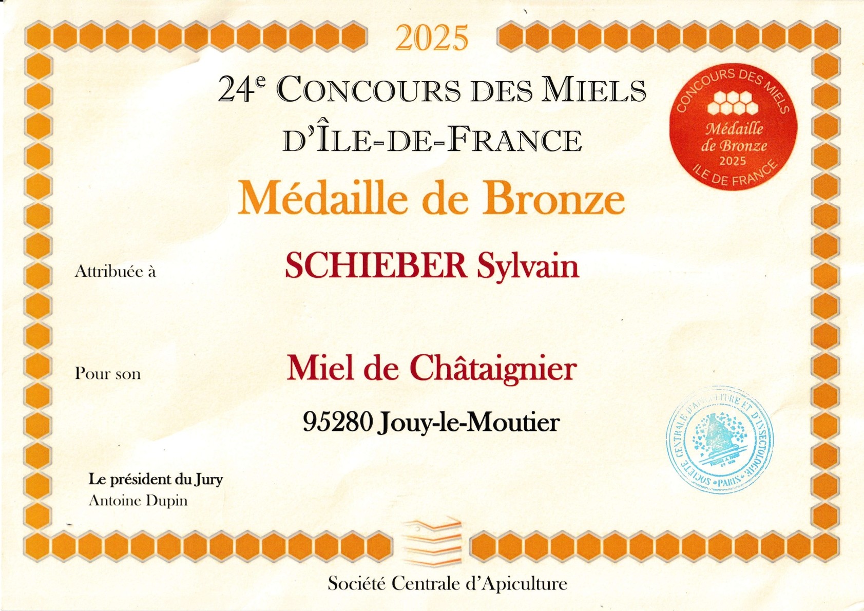 Châtaignier : Médaille de Bronze 2025 au concours des miels d'Île-de-France – Miel des Vicairesses